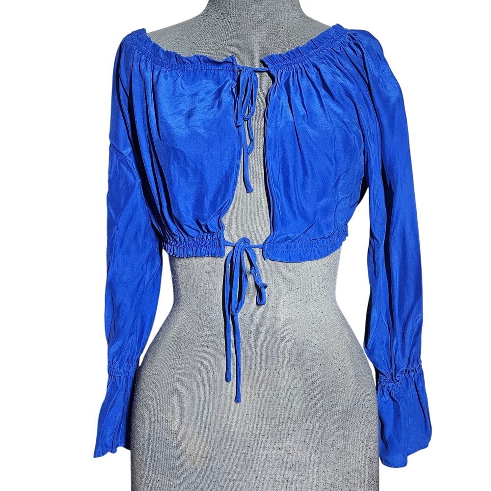 Jennifer Hope Blue Cropped Silk Blouse Size Small